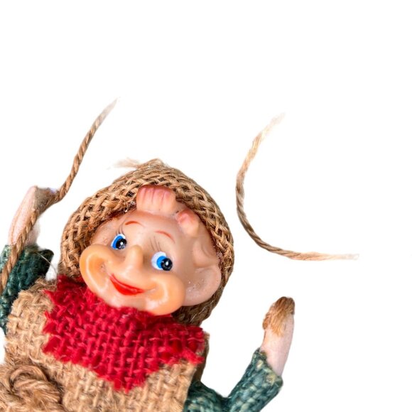 Vintage Burlap & Plastic Elf Decoration With Green Legs Red Scarf Made in Japan - Picture 2 of 10